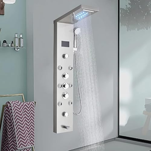 Saeuwtowy Duschpaneel LED mit 5 Funktion Edelstahl Duschset mit Handbrause, Regendusche, Massagedusche, Duschsystem Wandmontage Duschamaturenset Gebürsteter Nickel