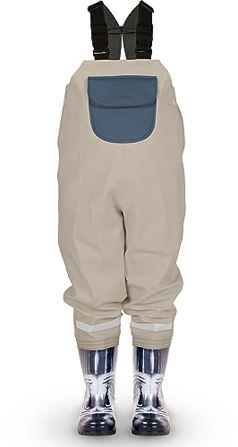 LOVRAIN wasserdichte Kinder Wathose Regenhose mit Stiefeln Kinder Brustwathose Zebra Oliv 24/25