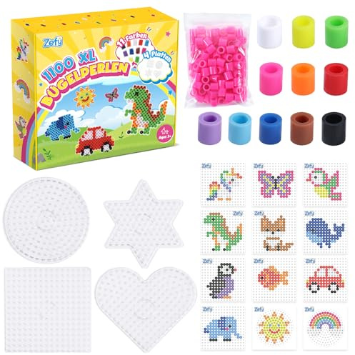 Zefy 10mm Bügelperlen mit 4 Steckplatten, 1100 Stück 11 Farben Groß Bügelperlen Set Maxi Steckperlen für Kinder ab 3 Jahren