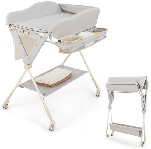 COSTWAY 5 in 1 Wickeltisch klappbar mit Rollen, Wickelkommode 3 stufig höhenverstellbar mit Wasserbecken & Lineal, mobile Wickelstation für Baby bis 6 Monaten (Grau)