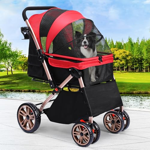 YITAHOME Hundebuggy Hundewagen klappbar für Hunde & Katzen, Haustierbuggy bis 22 kg mit umkehrbarem Griff, Netzfenstern, Getränkehalter, 360° drehbare EVA-Räder mit Bremsen (Rot)