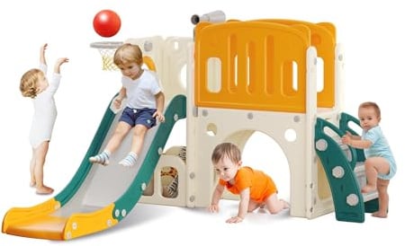 hoopyosms Kinder Rutsche Mit Klettergerüst, Basketballkorb Und Tunnel, Indoor-Kunststoffrutschenset Für Kinder, Montessori-Spielzeug Für Den Spielplatz, Grün