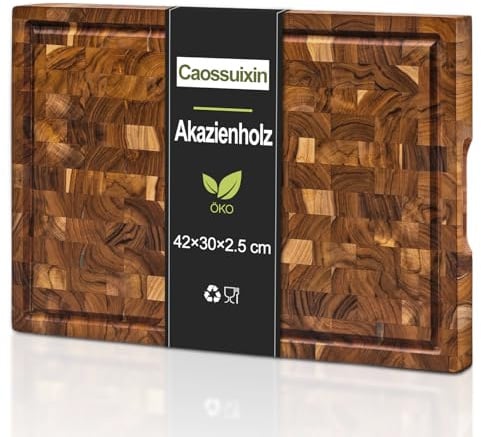 Caossuixin Large Schneidebrett Holz mit Saftrutsche(42x30x2.5cm), Schneidebretter Holz Aus Massiver Akazie, Holzschneidebrett für Küchenplatten, Schneidebrett Gross mit Rutschfeste Füße