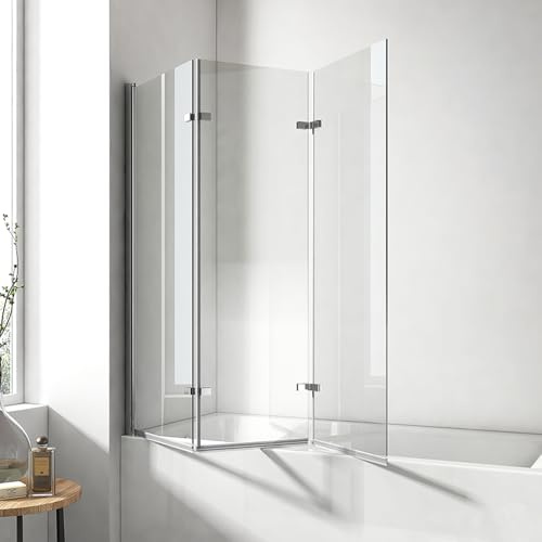 EMKE Duschwand für Badewanne 120x140 cm, Badewannenaufsatz 3-teilig Faltbar Badewanne-Duschwand, Duschtrennwand für Badewannen Badewannenfaltwand 6 mm Sicherheitsglas Duschabtrennung Badewanne