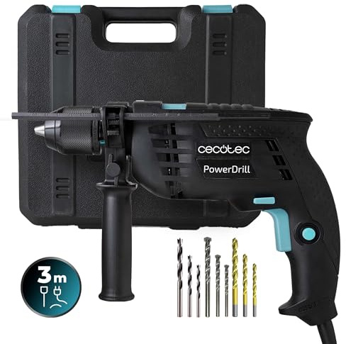 Cecotec Bohrmaschine mit Schlagfunktion PowerDrill 850 EasyAdjust, 850 W, 46.000 Schläge pro Minute, 4800 U/min, extra langes Kabel 3 m, 13 mm Schnellspannbohrfutter, komplett ausgestattet