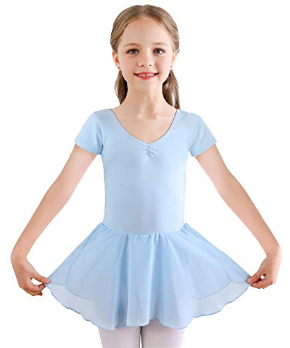 Bezioner Kinder Ballettkleidung Mädchen Ballettkleid Kurzarm Balletttrikot Ballettanzug Tanzkleid Tanzbody aus Baumwolle mit Chiffon Rock Tütü (120 (110-120cm, 6-7 Jahre), Blau)