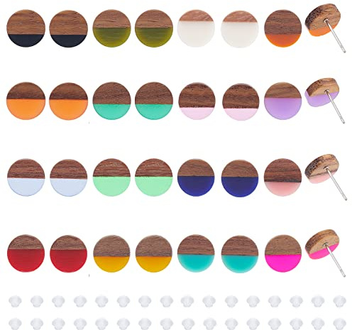 PH PandaHall 16 Paare Holz Harz Ohrstecker, 16 Stil flache Runde Holz Post Ohrstecker Personalisierte Ohrringe aus Walnussholz mit 316 Edelstahl Stifte für Karneval Frauen Freunde Mom Geschenke