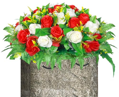 Künstliche Friedhofsblumen, künstliches Seidenblumenarrangement, künstlicher Rosenstrauß, Grabschmuck mit Grabstein, Blumensattel für Grabsteine, Dekoration (1, Rot und Weiß)