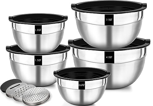 Wildone Salatschüssel 5er Set, Edelstahl Schüssel mit luftdicht Deckel, Größe 4.5l, 2.7l, 1.6l, 1.1l, 0.7l, Rührschüssel Schüsselset für die Küche, Rutschfest & Stapelbar