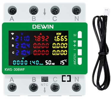DEWIN Stromzähler 3 Phasen Wlan, KWS-306WF Tuya WiFi Stromzähler 3 Phasig 4 Leiter Voltmeter und Amperemeter Energiezähler Hutschiene mit APP-Fernbedienung 80A AC 85V–AC 290 V