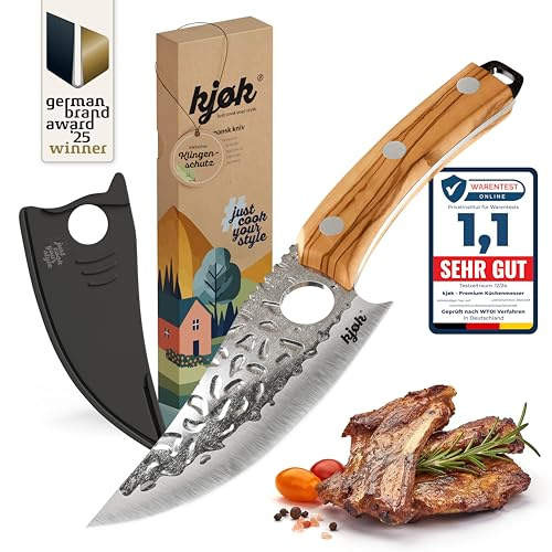 kjøk Allzweckmesser 148 mm mit Olivenholzgriff – scharfes Küchenmesser | Vielseitige Klinge mit 56±2 HRC und 15° Schliff, inklusive Schutzhülle – für Fleisch, Gemüse, BBQ und Camping