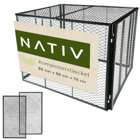 NATIV Garten Komposter grün 80x80x70 cm mit Deckel, Metallkomposter mit 448 Liter Volumen, Drahtkomposter für eigenen Kompost, Metall Komposter als Kompostsieb nutzbar