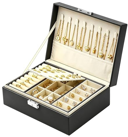 Homeanda Schmuckkästchen mit Schloss - Große Schmuckschatulle aus Leder für Damen, Schmuckbox mit 2 Ebenen (Schwarz)