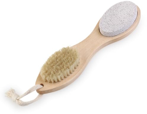 minkissy 4-in-1 Fußfeile mit Holzgriff Bimsstein und Nagelbürste zur Hornhautentfernung und Hautpeeling für Weiche Füße und Angenehmen Massageeffekt