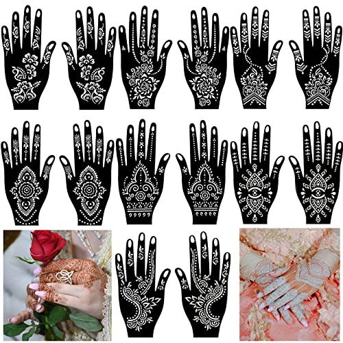 QSTOHENA 14 Stück indische arabische Henna Tattoo Schablonen Kit für Hand | Selbstklebende, wiederverwendbare Glitter Tattoo Aufkleber Vorlagen für Body Art Paint