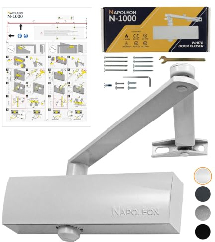 NAPOLEON N-1000 Robuster Automatischer Türschließer - Kommerziell & Residential - Türen von 20Kg bis 60Kg Größe 3 - Bohrschablone - Einfache und Schnelle Montage (Weiß RAL 9005)