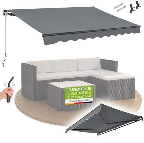 Juskys® Gelenkarmmarkise 300 x 250 cm, UV40+ & wasserabweisend, mit Kurbel & Wandhalterung Länge + Winkel einstellbar, Markise für Terrasse & Balkon, Sonnenschutz Balkonmarkise Gelenkmarkise, Grau
