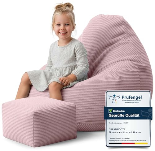 DreamRoots Sitzsack Erwachsene Cord oder Kinder - Bean Bag Sofa - Sitzsack Cord mit Hocker und Bezug - Sitzsäcke mit Füllung 70x70x70 cm Silver Pink