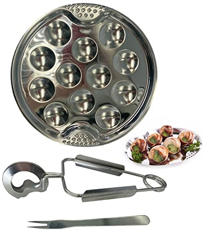 YJFY 3 Stücke Schneckenteller Meeresfrüchte Werkzeug Set | Zange Gabel mit 12 Löchern Escargot Teller Teller Edelstahl Schneckenzange für Zuhause Restaurant Hotel Grill