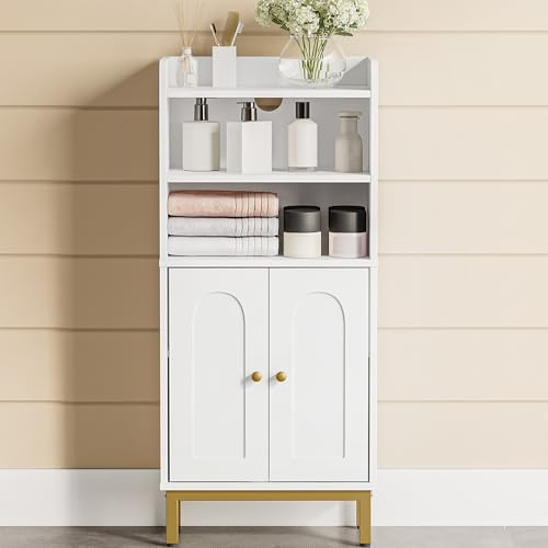 Hzuaneri Badezimmerschrank, Badschrank, Küchenschrank mit 2 offenen Fächern, 2 Türen, 2 verstellbaren Einlegeböden, Freistehender Badezimmer, 20 × 37 × 84 cm, Weiß-Gold BC48213G