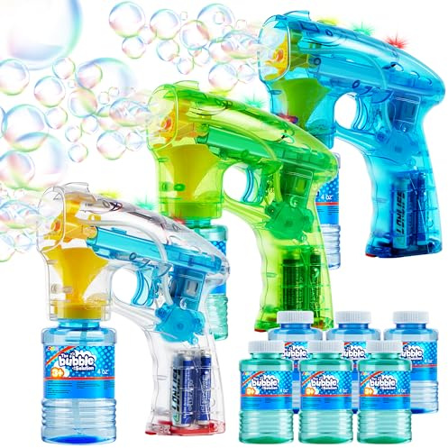 JOYIN 3 Seifenblasenpistole für Kinder, LED Seifenblasen Pistolen mit 6 Seifenblasen Flüssigkeit, Seifenblasenmaschine für Bubble Party Gefälligkeiten, Sommerspielzeug, Outdoor und Indoor Aktivitäten