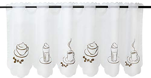 HeichkelL Voile Kaffee Motive Scheibengardine, Weiß HxB 30x90 cm | Besseit Gardine, Küche Kurzstore, Transparente Bistrogardine