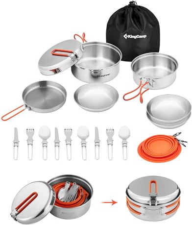 KingCamp Camping Geschirr, multifunktionale Robuste Camping Kochgeschirr | Mit Töpfen, Pfanne und faltbarem Besteck, Alles stapelbar ultraleicht, ideal für Campingkocher, Outdoor, Wandern und Trekking