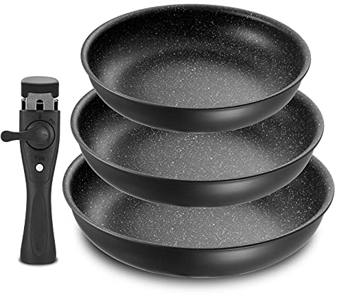 Fadware Pfannenset Induktion, Antihaftbeschichtete Bratpfanne 20, 24, 28 cm mit Abnehmbarem Griff für Kleine Küchen & Wohnmobile, Pfannen Set Stapelbar Platzsparend, für Alle Herdarten, Backofenfest