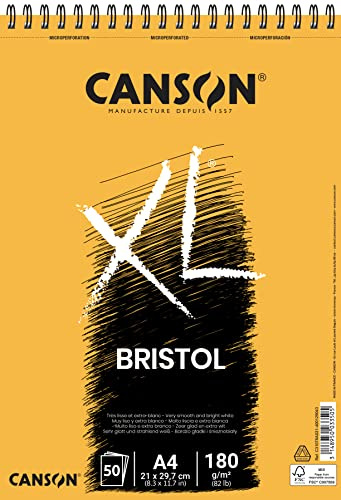 CANSON XL, Bristol Papier, sehr glattes Papier, 180 g/m², an der kurzen Seite spiralgebundener Block, DIN A4 21 x 29,7 cm, Extraweiß, 50 Blatt