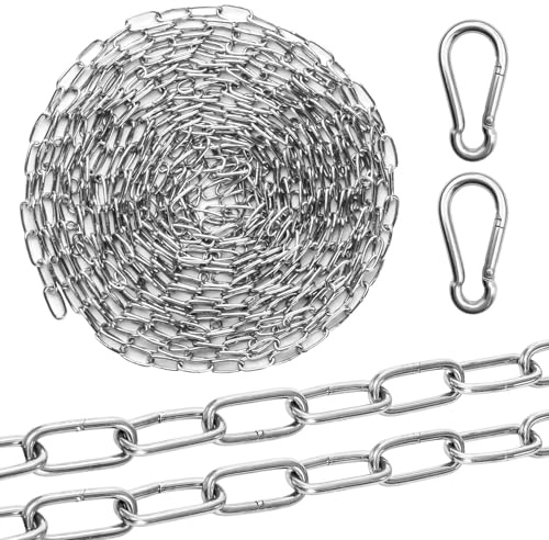 XUIIOSOOKP Edelstahlkette 1,5mm x 6 Meter Gliederkette Stark Meterware | Edelstahlkette Ketten zum Aufhängen Lampen Hängesessel, Hundekette Ankerkette mit 2 Karabiner, Gliederkette 1,5mm x 6 Meter