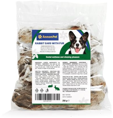 AnnonPet® 250 Gramm Kaninchenohren mit Fell | Dehydriert und fettarm | Natürlich, hypoallergen | Hundesnacks zur Unterstützung der Darmreinigung | Kauartikel Kausnack