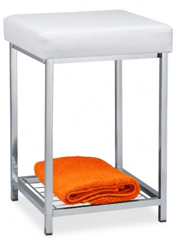 Relaxdays, weiß Hocker gepolstert, Kleiner Sitzhocker, Quadratisch, Polsterhocker mit Ablage, Badhocker, HBT 47x33x33cm
