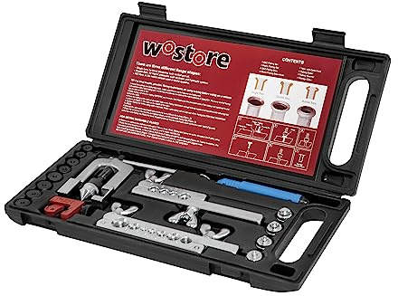 Wostore Doppel Bördelgerät Bremsleitung mit Rohrschneider und Rohrfräser Einzel-, Doppel- (SAE) und Blasen- (ISO) Bördelungen für Kupfer Kunststoff Aluminium Rohre 3/16-5/8 7 Größen