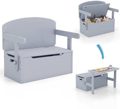 COSTWAY 3 in 1 Kindertisch mit Sitzbank, Kindersitzgruppe aus Holz mit Stauraum & Decke, Spielzeugkiste Aktivitätstisch für Kinder von 3 bis 7 Jahren, 60 x 34 x 57cm (Grau)