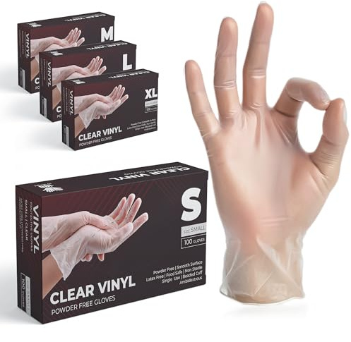 The Real Touch Einweghandschuhe, Transparente Vinylhandschuhe - Box mit 100 Stück, Einmalhandschuhe Puderfrei und Latexfrei, Vinyl Handschuhe Einweg für Küche, Reinigung und Lebensmittel (S)