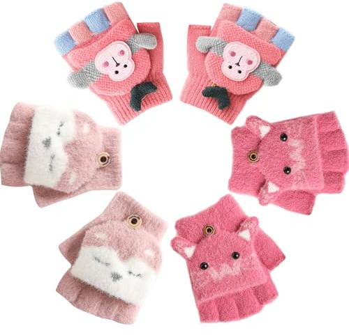 Zoonvii 3 Paar Kinder Halbfinger Handschuhe,Fingerlose Handschuhe Kinder,Fäustlinge mit Knopf Klappe,Halbfinger Fingerlos Strickhandschuhe,Handschuhe Winter,für Jungen und Mädchen