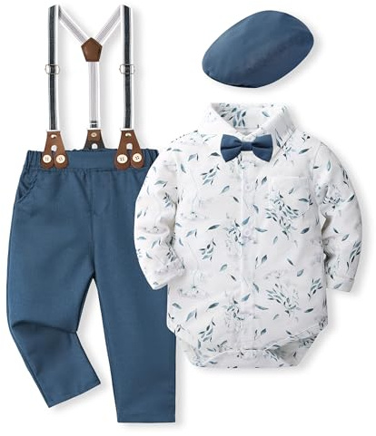 Volunboy Baby Jungen Anzug Set Bekleidung Hemd mit Fliege + Hosenträger Hosen Strampler Anzug(2-3 Jahre,Blau Gedruckt,Größe 100)