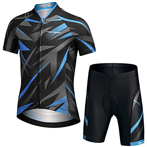 L PATTERN Kinder Radsport Bekleidung Jungen Fahrrad Trikot Set Mädchen Radtrikot Radhose mit Sitzpolster Atmungsaktiv Anzug Shirt Kurzarm+Kurz Fahrradhose, Blau+Schwarz+Grau, 160