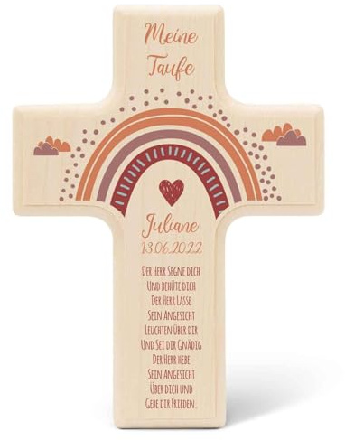 GRAVURZEILE Personalisiertes Kinderkreuz zur Taufe Kommunion und Konfirmation - Regenbogen - Holzkreuz für Kinder personalisiert mit Text - Personalisierte Geschenke für Jungen und Mädchen - Rot