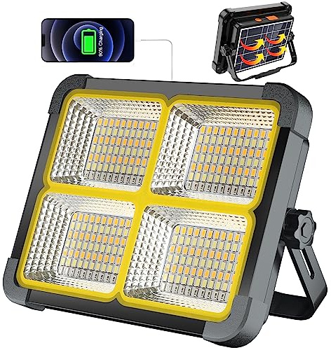100W LED Baustrahler Akku mit Solar, 10000LM wiederaufladbare Arbeitsleuchte mit 12000mAh Akku, 4 Lichtmodi, Tragbar Campinglampe für Baustelle, Garage, Angeln oder als Notfalllicht