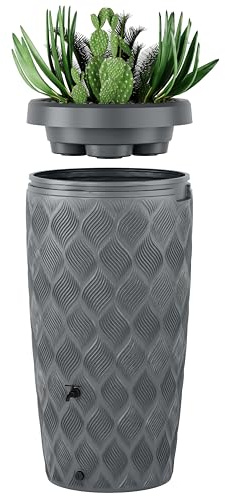 Regentonne-Regenfass 240 Liter mit im Deckel integrierter Pflanzschale Modell Flow Farbe anthrazit Regenwassertank mit Wasserhahn