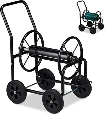 Relaxdays Schlauchwagen Metall, 4 Gummiräder, XL Schlauchtrommel, Kurbel, für 60m Schlauch, HBT 81 x 48 x 80 cm, schwarz