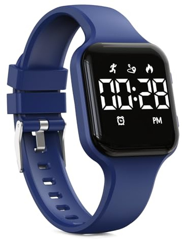 Focwony Digitale Kinderuhr, Schrittzähler, wasserdicht, Fitness-Tracker, Armbanduhr mit Schrittzähler, LED-Anzeige, Stoppuhr für Kinder, Jungen, Mädchen, Teenager (Dunkelblau)