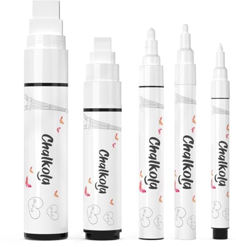 Chalkola Kreidestifte für Tafel Abwaschbar, 5 Kreidemarker Weiß Multipack | Fein, Bold & Jumbo Spitze, Chalk Marker - 1mm, 3mm, 6mm, 10mm, 15mm - Kreidestift für Fenster, Glas, Auto, Spiegel & Bistro
