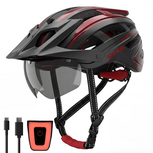 RLQA Fahrradhelm Herren Damen, MTB/Rennrad Helm mit Abnehmbarer Magnetischer Visier & Brille, Radhelm mit 24 Luftungsschlitzea, LED Rucklicht, Reithelm Verstellbare GroBe