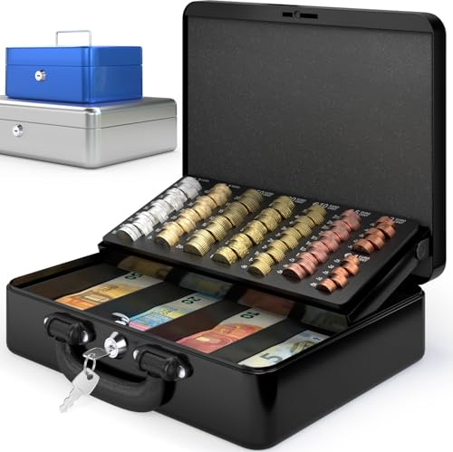 ACROPAQ Geldkassette abschließbar - (30 x 24,5 x 9 cm), Kasse mit Münzzählbrett, Premium Gehäuse, Mit 2 enthaltenen Schlüsseln, Schwarz - Geld Kassette zum Abschließen, Geldkasse, Kassa Box