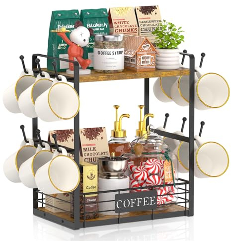 EsLuker.ly 2 Etagen Tassenhalter Stand für Arbeitsplatte, 12 Haken Tassenregal Wand mit Aufbewahrungskorb, Metall Holz Tassenständer Tassen Organizer für Kaffeebar Küche, Vintage Braun-Schwarz