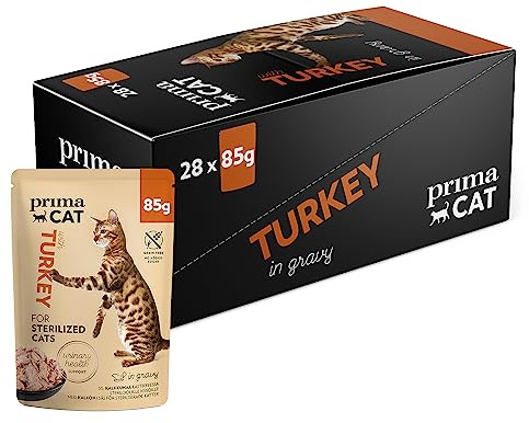 PrimaCat - Nassfutter für sterilisierte Katzen, Truthahn in Soße, 28 x 85 g | Filets in Soße, unterstützt die Flüssigkeitszufuhr, getreidefrei, ohne Zuckerzusatz, mit Truthahn, Verpackung kann variieren