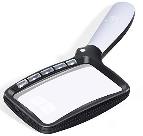 Kaome Klappbar Leselupe Groß 5 LED Lupe mit Licht 2-Fach Handlupe 2 Modi Dimmbar Vergrößerungsglas für Senioren Lesen Inspektion Hobby Handwerk Uhrmacher Münzen Briefmarken Antiquitäten Schmuck