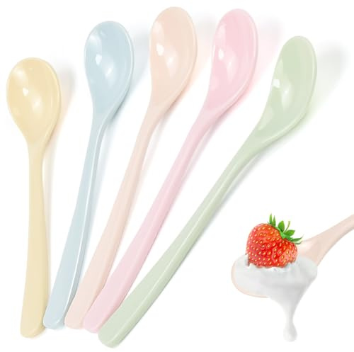 FuxFuis 5 Stück Eierlöffel Wiederverwendbar Joghurtlöffel Marmeladenlöffel Lang Löffel 5 Farbe Joghurtlöffel 16 * 3.4 cm Dessertlöffel Teelöffel für Kaffee Eis Joghurt